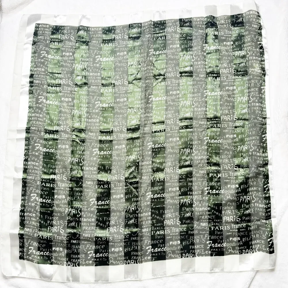 Paris France Black Green Ivory Silky Neck Scarf Neckerchief Striped Satin